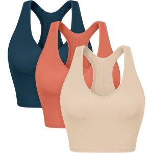 imageODODOS 3Pack Seamless Racerback Crop Tank for Women Ribbed Knit Soft Crop TopsBeigecoralteal