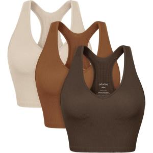 imageODODOS 3Pack Seamless Racerback Crop Tank for Women Ribbed Knit Soft Crop TopsBrunetteclaymushroom