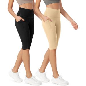 imageODODOS ODLEX 2Pack High Waist Workout Capris with Pockets for Women 14quot  19quot Yoga Capri LeggingsBlackbeige