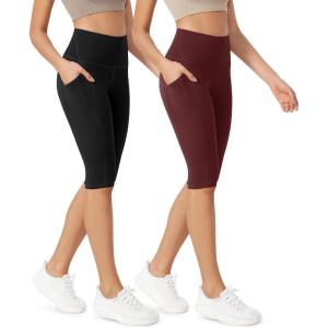 imageODODOS ODLEX 2Pack High Waist Workout Capris with Pockets for Women 14quot  19quot Yoga Capri LeggingsBlackburgundy