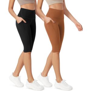 imageODODOS ODLEX 2Pack High Waist Workout Capris with Pockets for Women 14quot  19quot Yoga Capri LeggingsBlackcaramel