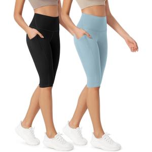 imageODODOS ODLEX 2Pack High Waist Workout Capris with Pockets for Women 14quot  19quot Yoga Capri LeggingsBlackchambray