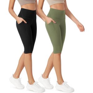 imageODODOS ODLEX 2Pack High Waist Workout Capris with Pockets for Women 14quot  19quot Yoga Capri LeggingsBlackdark Olive