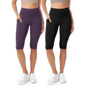 imageODODOS ODLEX 2Pack High Waist Workout Capris with Pockets for Women 14quot  19quot Yoga Capri LeggingsBlackdark Purple