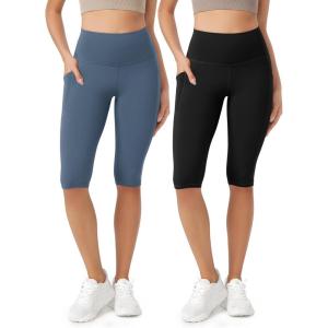 imageODODOS ODLEX 2Pack High Waist Workout Capris with Pockets for Women 14quot  19quot Yoga Capri LeggingsBlackink Blue