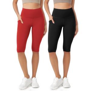 imageODODOS ODLEX 2Pack High Waist Workout Capris with Pockets for Women 14quot  19quot Yoga Capri LeggingsBlackred