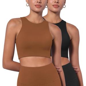 imageODODOS Racerback Tank Bra for Women High Neck Non Padded Medium Support Sports Bra Workout Yoga Crop TopsBlackcaramel