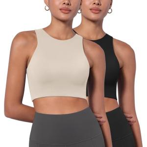 imageODODOS Racerback Tank Bra for Women High Neck Non Padded Medium Support Sports Bra Workout Yoga Crop TopsBlackoatmilk