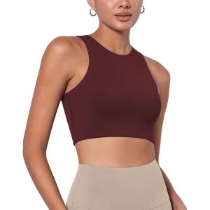 imageODODOS Racerback Tank Bra for Women High Neck Non Padded Medium Support Sports Bra Workout Yoga Crop TopsBurgundy