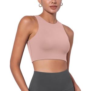 imageODODOS Racerback Tank Bra for Women High Neck Non Padded Medium Support Sports Bra Workout Yoga Crop TopsDusty Pink