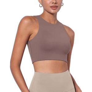 imageODODOS Racerback Tank Bra for Women High Neck Non Padded Medium Support Sports Bra Workout Yoga Crop TopsPurple Taupe