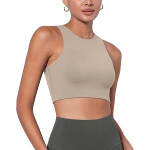 imageODODOS Racerback Tank Bra for Women High Neck Non Padded Medium Support Sports Bra Workout Yoga Crop TopsTaupe
