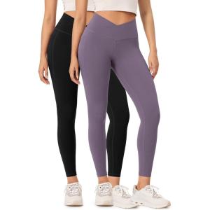imageODODOS 2 Pack Buttery Soft Cross Waist Leggings with Pockets for Women ODCLOUD 25quot  28quot Crossover Lounge Yoga PantsBlackash Violet