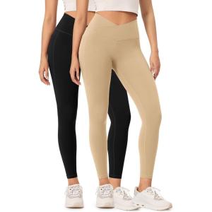 imageODODOS 2 Pack Buttery Soft Cross Waist Leggings with Pockets for Women ODCLOUD 25quot  28quot Crossover Lounge Yoga PantsBlackbeige