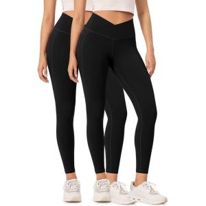 imageODODOS 2 Pack Buttery Soft Cross Waist Leggings with Pockets for Women ODCLOUD 25quot  28quot Crossover Lounge Yoga PantsBlackblack