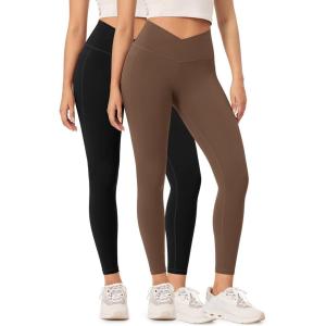 imageODODOS 2 Pack Buttery Soft Cross Waist Leggings with Pockets for Women ODCLOUD 25quot  28quot Crossover Lounge Yoga PantsBlackbrunette