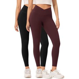 imageODODOS 2 Pack Buttery Soft Cross Waist Leggings with Pockets for Women ODCLOUD 25quot  28quot Crossover Lounge Yoga PantsBlackburgundy