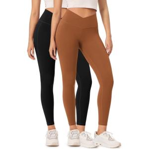imageODODOS 2 Pack Buttery Soft Cross Waist Leggings with Pockets for Women ODCLOUD 25quot  28quot Crossover Lounge Yoga PantsBlackcaramel