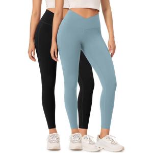imageODODOS 2 Pack Buttery Soft Cross Waist Leggings with Pockets for Women ODCLOUD 25quot  28quot Crossover Lounge Yoga PantsBlackchambray