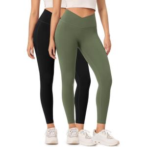 imageODODOS 2 Pack Buttery Soft Cross Waist Leggings with Pockets for Women ODCLOUD 25quot  28quot Crossover Lounge Yoga PantsBlackdark Olive