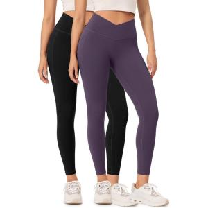 imageODODOS 2 Pack Buttery Soft Cross Waist Leggings with Pockets for Women ODCLOUD 25quot  28quot Crossover Lounge Yoga PantsBlackdark Purple
