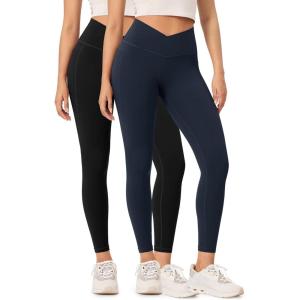 imageODODOS 2 Pack Buttery Soft Cross Waist Leggings with Pockets for Women ODCLOUD 25quot  28quot Crossover Lounge Yoga PantsBlackdeep Navy