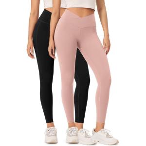 imageODODOS 2 Pack Buttery Soft Cross Waist Leggings with Pockets for Women ODCLOUD 25quot  28quot Crossover Lounge Yoga PantsBlackdusty Pink