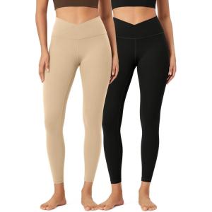 imageODODOS 2 Pack Buttery Soft Cross Waist Leggings for Women ODCLOUD 25quot  28quot Crossover Lounge Yoga PantsBlackbeige