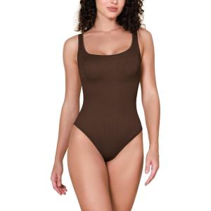 imageODODOS 2 Pack Seamless Bodysuit for Women Ribbed Tank Top Sexy Sleeveless BodysuitsBrunette1 Pack Wide Strap