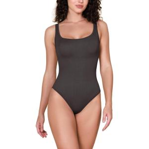 imageODODOS 2 Pack Seamless Bodysuit for Women Ribbed Tank Top Sexy Sleeveless BodysuitsCharcoal1 Pack Wide Strap