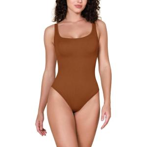 imageODODOS 2 Pack Seamless Bodysuit for Women Ribbed Tank Top Sexy Sleeveless BodysuitsClay1 Pack Wide Strap