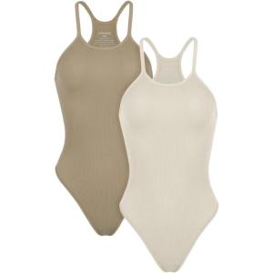 imageODODOS 2 Pack Seamless Bodysuit for Women Ribbed Tank Top Sexy Sleeveless BodysuitsTaupemushroom Strappy