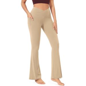 imageODODOS Cloud Feeling Crossover Flared Pants with Pockets for Women Cross Waist Bootcut Lounge Yoga Pants 30quot  32quot InseamBeige