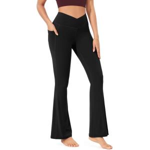imageODODOS Cloud Feeling Crossover Flared Pants with Pockets for Women Cross Waist Bootcut Lounge Yoga Pants 30quot  32quot InseamBlack