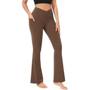 imageODODOS Cloud Feeling Crossover Flared Pants with Pockets for Women Cross Waist Bootcut Lounge Yoga Pants 30quot  32quot InseamBrunette