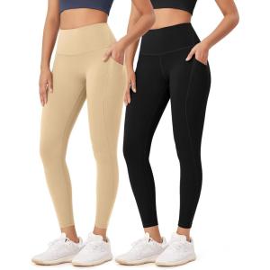 imageODODOS ODLEX 2Pack 78 High Waist Workout Leggings with Pockets for Women 25quot 28quot Tummy Control Athletic Yoga PantsBlackbeige