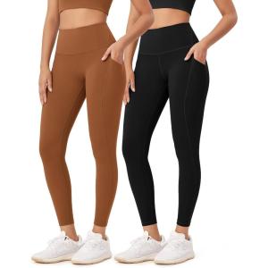 imageODODOS ODLEX 2Pack 78 High Waist Workout Leggings with Pockets for Women 25quot 28quot Tummy Control Athletic Yoga PantsBlackcaramel