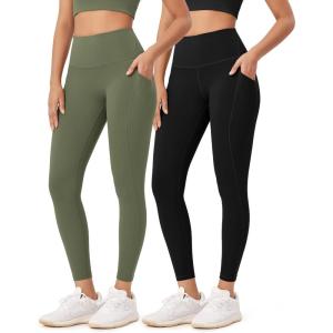 imageODODOS ODLEX 2Pack 78 High Waist Workout Leggings with Pockets for Women 25quot 28quot Tummy Control Athletic Yoga PantsBlackdark Olive
