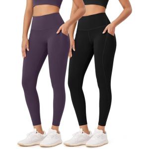 imageODODOS ODLEX 2Pack 78 High Waist Workout Leggings with Pockets for Women 25quot 28quot Tummy Control Athletic Yoga PantsBlackdark Purple