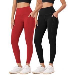 imageODODOS ODLEX 2Pack 78 High Waist Workout Leggings with Pockets for Women 25quot 28quot Tummy Control Athletic Yoga PantsBlackred
