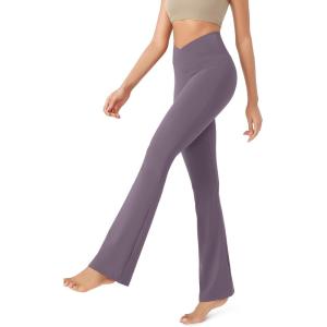 imageODODOS Womens Cross Waist Bootcut Yoga Pants with Inner Pocket Non See Through Bootleg Gym Workout PantsAsh Violet
