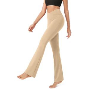 imageODODOS Womens Cross Waist Bootcut Yoga Pants with Inner Pocket Non See Through Bootleg Gym Workout PantsBeige
