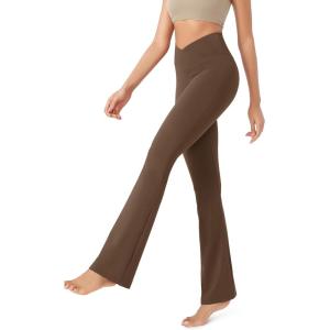 imageODODOS Womens Cross Waist Bootcut Yoga Pants with Inner Pocket Non See Through Bootleg Gym Workout PantsBrunette