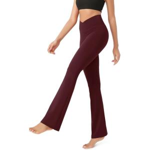 imageODODOS Womens Cross Waist Bootcut Yoga Pants with Inner Pocket Non See Through Bootleg Gym Workout PantsBurgundy