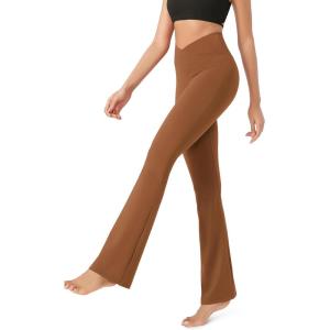 imageODODOS Womens Cross Waist Bootcut Yoga Pants with Inner Pocket Non See Through Bootleg Gym Workout PantsCaramel
