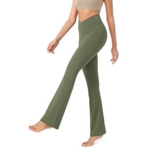 imageODODOS Womens Cross Waist Bootcut Yoga Pants with Inner Pocket Non See Through Bootleg Gym Workout PantsDark Olive