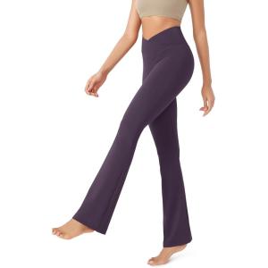 imageODODOS Womens Cross Waist Bootcut Yoga Pants with Inner Pocket Non See Through Bootleg Gym Workout PantsDark Purple