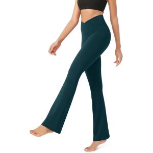 imageODODOS Womens Cross Waist Bootcut Yoga Pants with Inner Pocket Non See Through Bootleg Gym Workout PantsForest Teal