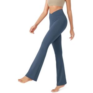 imageODODOS Womens Cross Waist Bootcut Yoga Pants with Inner Pocket Non See Through Bootleg Gym Workout PantsInk Blue