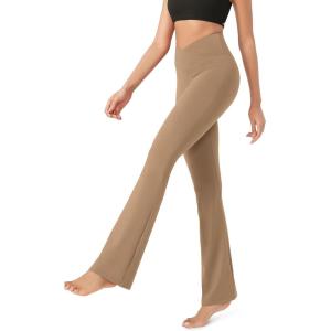imageODODOS Womens Cross Waist Bootcut Yoga Pants with Inner Pocket Non See Through Bootleg Gym Workout PantsLight Brown